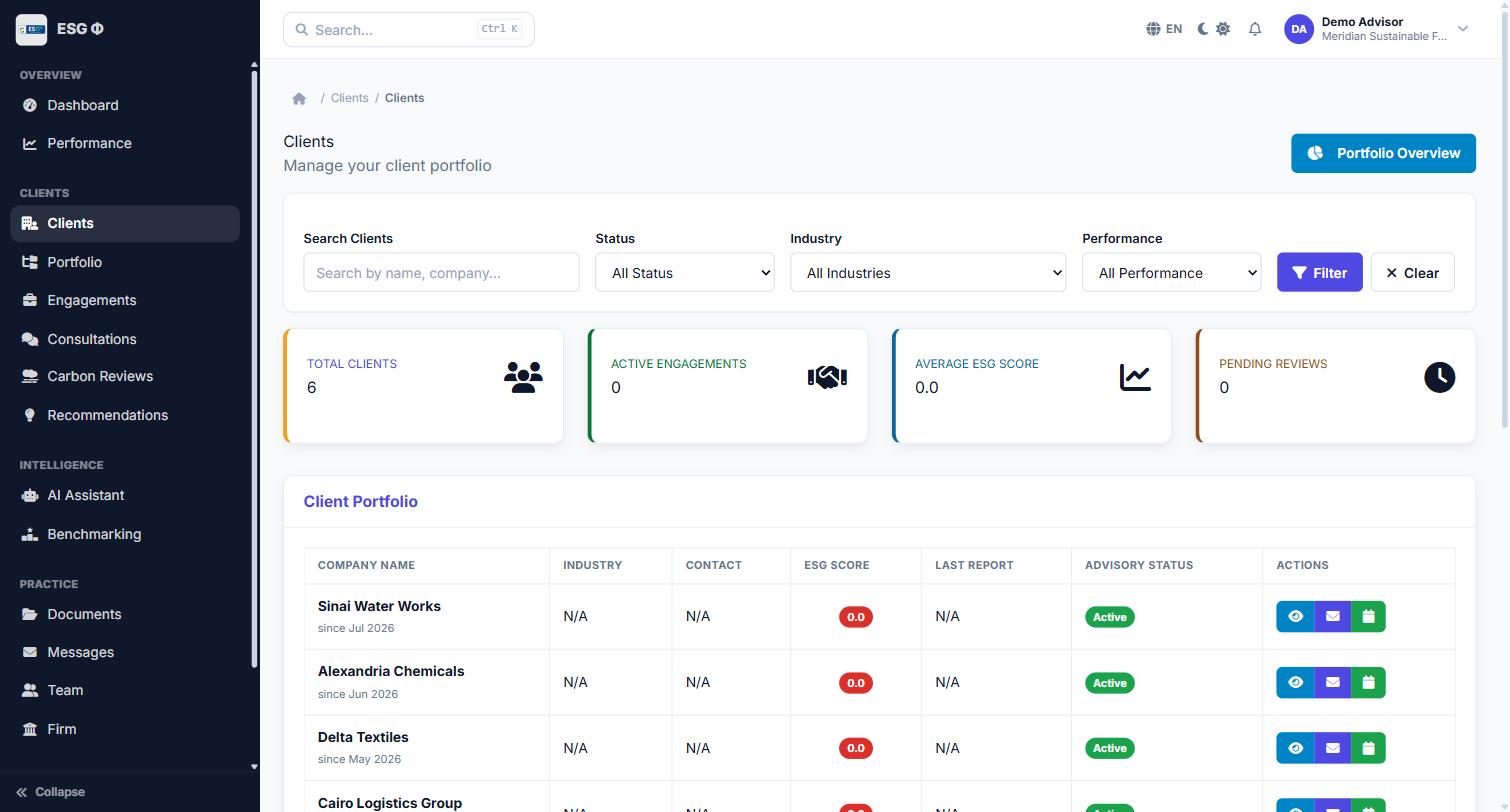 Advisor client list showing total clients, active engagements, average ESG score and pending reviews, above a client portfolio table with company name, industry, contact, ESG score, last report and advisory status.