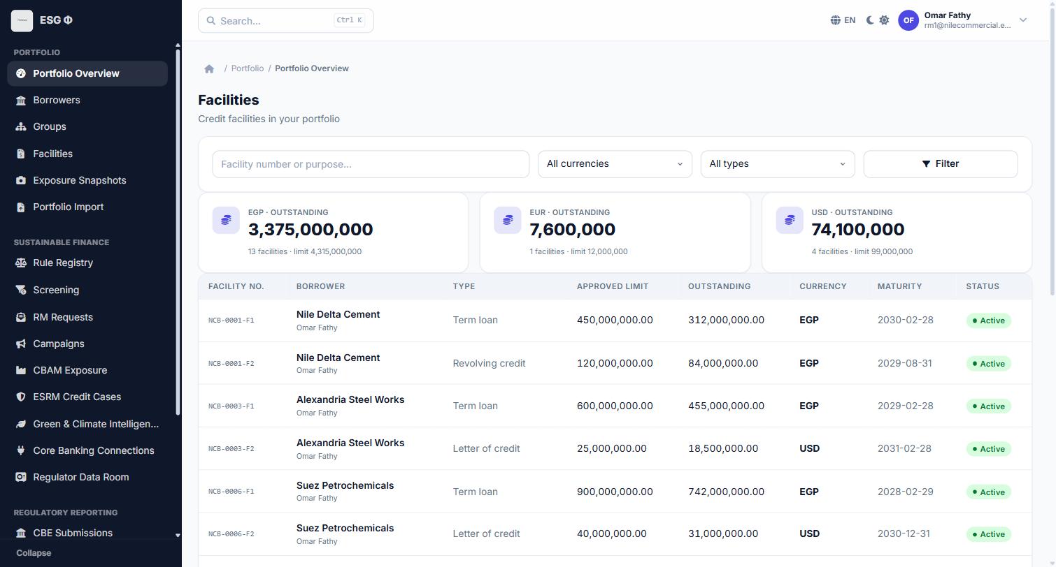 Facilities list showing outstanding totals per currency above a table of credit facilities with facility number, borrower, type, approved limit, outstanding, currency, maturity and status.