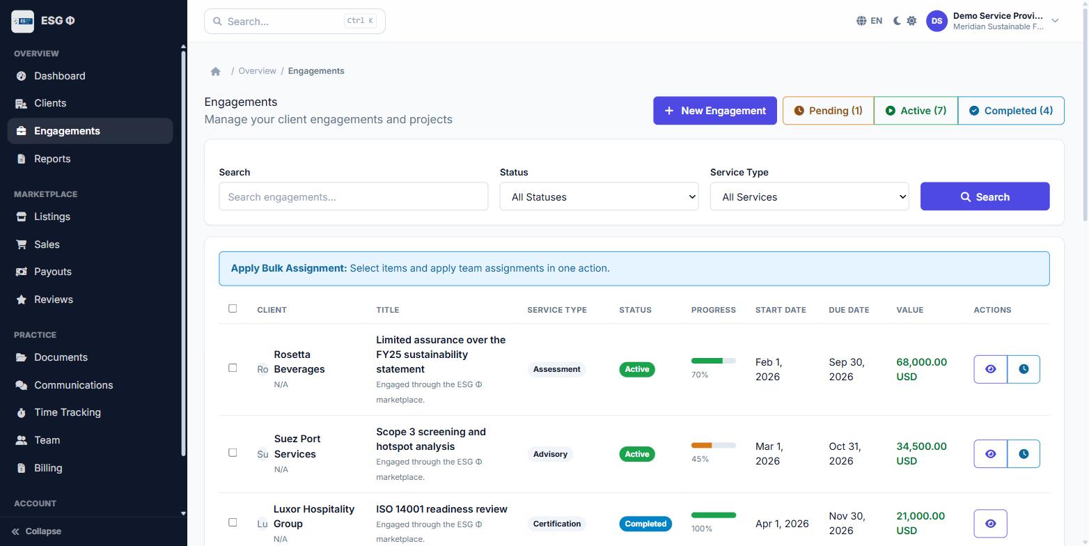 Engagements table listing client, title, service type, status, a progress bar, start date, due date and contract value for assurance, advisory, certification and training work.
